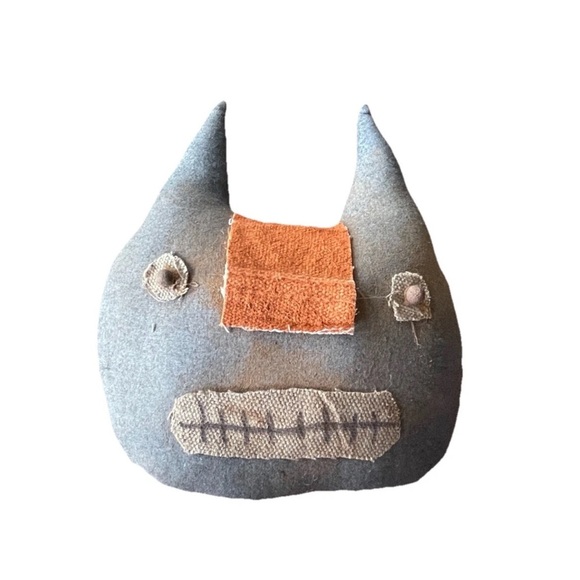 Primitive Cloth Cat Head Pumpkin Folk Art Patchwork Grungy Hand Painted Rustic - Picture 6 of 8